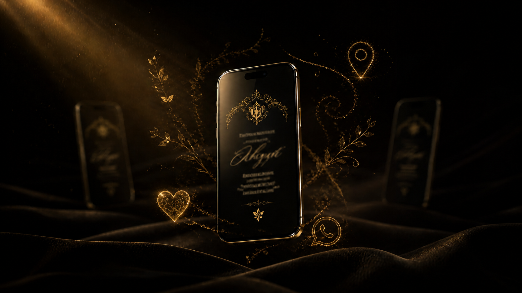 Invitación digital con elementos de mapa, corazón y mensajería iluminados en oro alrededor de un teléfono